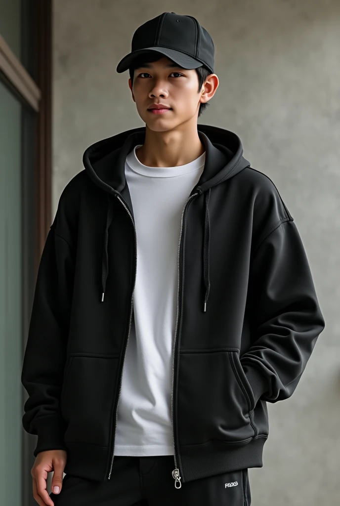 make a selfie of a handsome filipino boy wearimg oversized black hoodie with a pro club white t-shirt inside the hoodie and a baseball close cap on his head and holding his cap backward. make it cool and aesthetic realistic