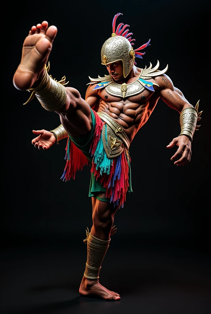 Pebrü Ancient Costa Rican warrior with Hwarang armor with the colors of the macaws without weapons is with a black background this one is doing a kick and less stocky, Now with the colors of the macaws and making a higher side kick, the kick is now more masculine and aggressive.