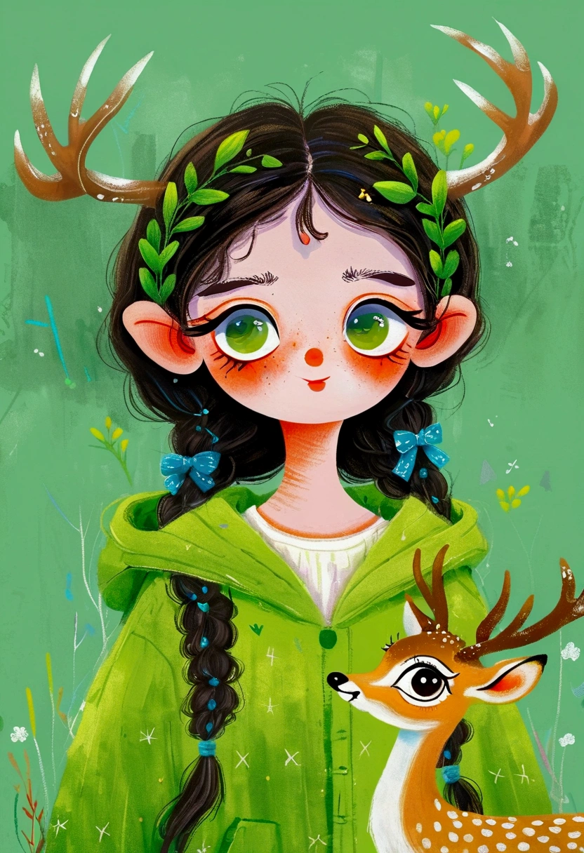 Cartoon Art，Childish Art，Children's graffiti，A painting，Pastel Art：Portrait of girl with deer antlers and green clothes, big eyes， Elf。Rich details，Fine green hair。Rough brushstrokes and textures