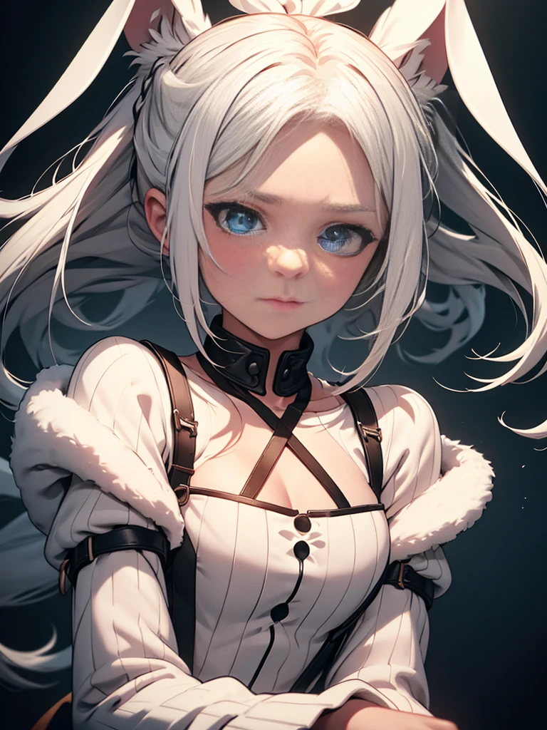 girl with white hair and blue eyes,girl with rabbit ears on head,girl wearing green and yellow tunic,girl with red collar on neck,(best quality,4k,8k,highres,masterpiece:1.2),ultra-detailed,(realistic,photorealistic,photo-realistic:1.37),highly detailed facial features,extremely detailed eyes and face,longeyelashes,delicate facial expression,intricate details,fantasy, digital painting,vibrant colors,warm lighting,cinematic lighting