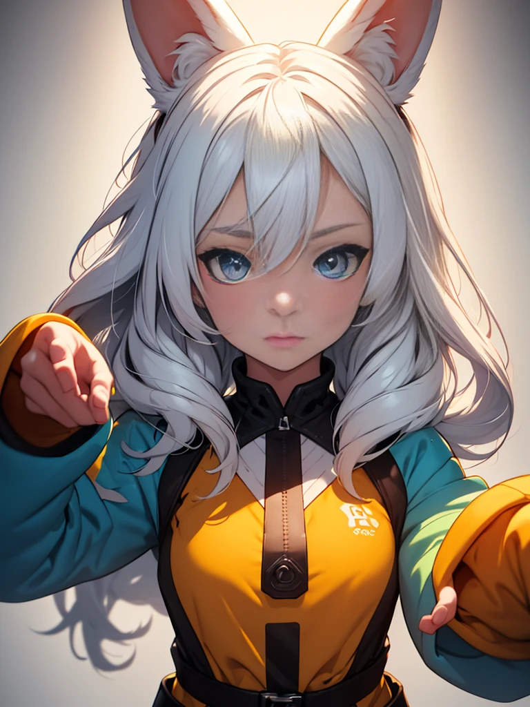 girl with white hair and blue eyes,girl with rabbit ears on head,girl wearing green and yellow tunic,girl with red collar on neck,(best quality,4k,8k,highres,masterpiece:1.2),ultra-detailed,(realistic,photorealistic,photo-realistic:1.37),highly detailed facial features,extremely detailed eyes and face,longeyelashes,delicate facial expression,intricate details,fantasy, digital painting,vibrant colors,warm lighting,cinematic lighting