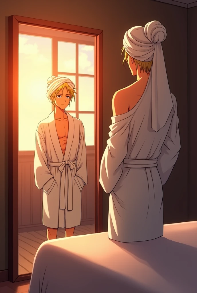 generate an image of yor forger(from anime spy x family), art by Tatsuyo Endo, yor forger in a bedroom, looking at the mirror, after shower, whole body covered in a bathrobe, shoulderless bathrobe, hair wrapped in a towel, looking at the mirror, sunset light coming through window