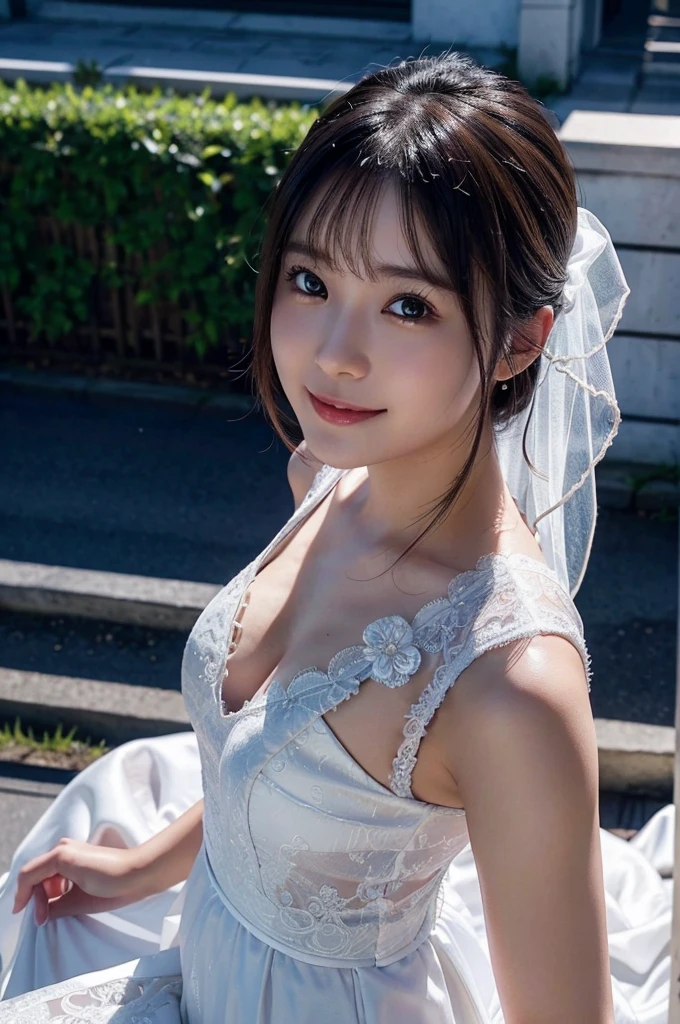 8k、High definition、Ultra Detail、Photorealistic、Realistic and accurate depiction、Realistic and accurate human anatomy、High resolution、Highest quality、Japanese、Beautiful Girl Down Blouse、(Detailed Wedding Dresses:1.2)、(Realistic、Photorealistic、Ultra-detailed、Highest Detail Skin、Highest quality、masterpiece、超High resolution)、Realistic skin types、Japanese、23 years old、Very cute girl、shortcut、Shooting from above、Outside the church、Side shot、Looking up at the camera、Cute Smile、Tierra