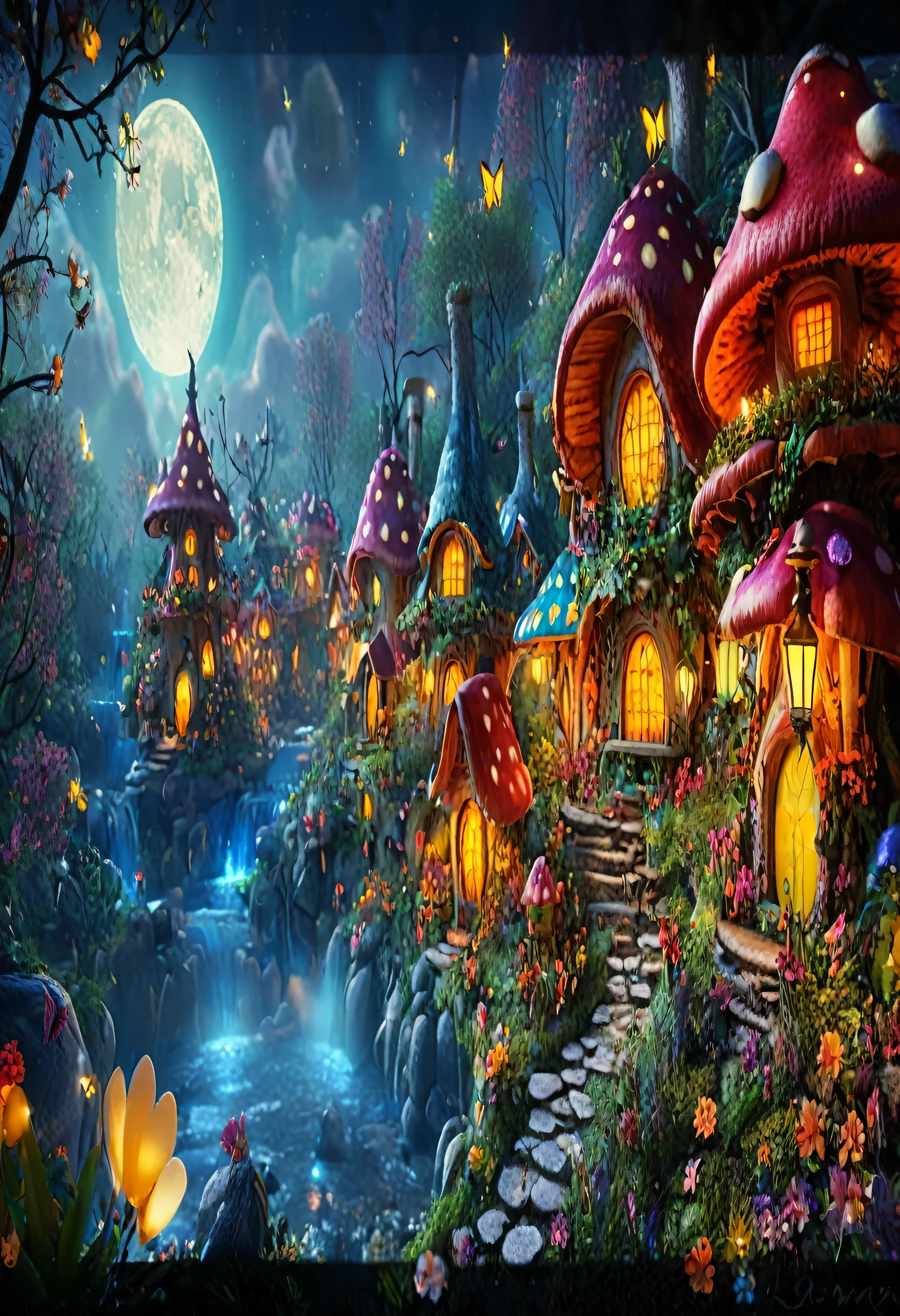 In a 4K, ultra-wide angle view, experience an ultra-detailed and photorealistic masterpiece of a magical fairy village. The vibrant, colorful mushroom houses are adorned with enchanting lights, and fluttering butterflies and fireflies fill the air. The whimsical and fantastical scenery is brought to life with detailed textures and patterns, creating an ethereal and mystical ambiance. The warm, soft lighting sets the stage for the spellbinding and captivating view of the magical moonlit night.

The village is surrounded by a serene and peaceful environment, with rich and lush vegetation, magical plants and flowers, and magical creatures and animals. The tranquil and clear sky above is filled with enchanted sounds of nature. Magical waterfalls and streams grace the landscape, and enchanted pathways and walk