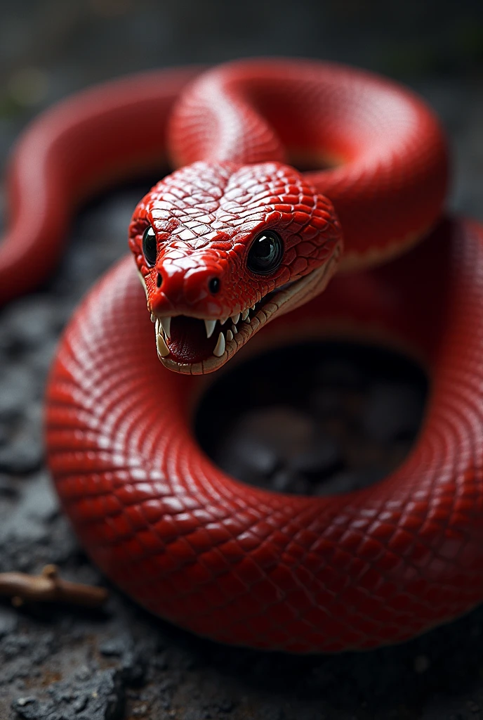 Red Angry snake with big teeth looking right into my soul