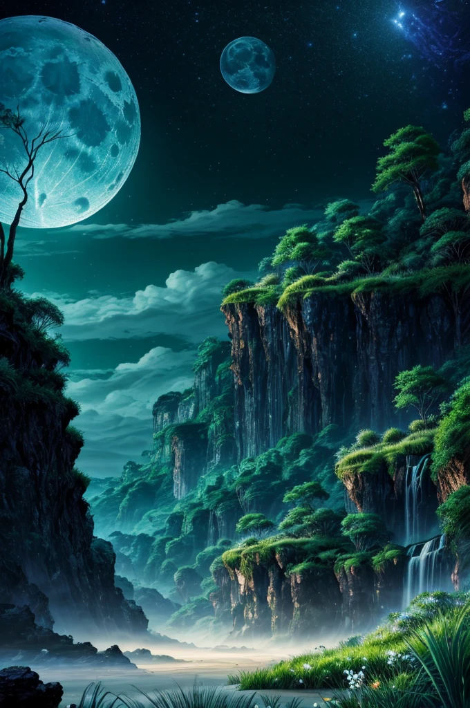 large moon, stunning moon, a lush eden, paradise overflowing with fauna, emerald dunes in the distance, raging winds, exotic features, remarkable landscape, stunning features, exaggerated tones, exaggerated proportions, a night sky clear of clouds, shimmering stars, luminous moonlight, shimmering sands of green, hyper detailed, vibrant colors, cinematic light, 8k, masterpiece, photorealistic, award winning, stunning landscape, intricate details, dramatic atmosphere, tones of green, shades of emerald, shades of blue, white streaks of moonlight, light dancing, whisps of color, a glistening white kingdom