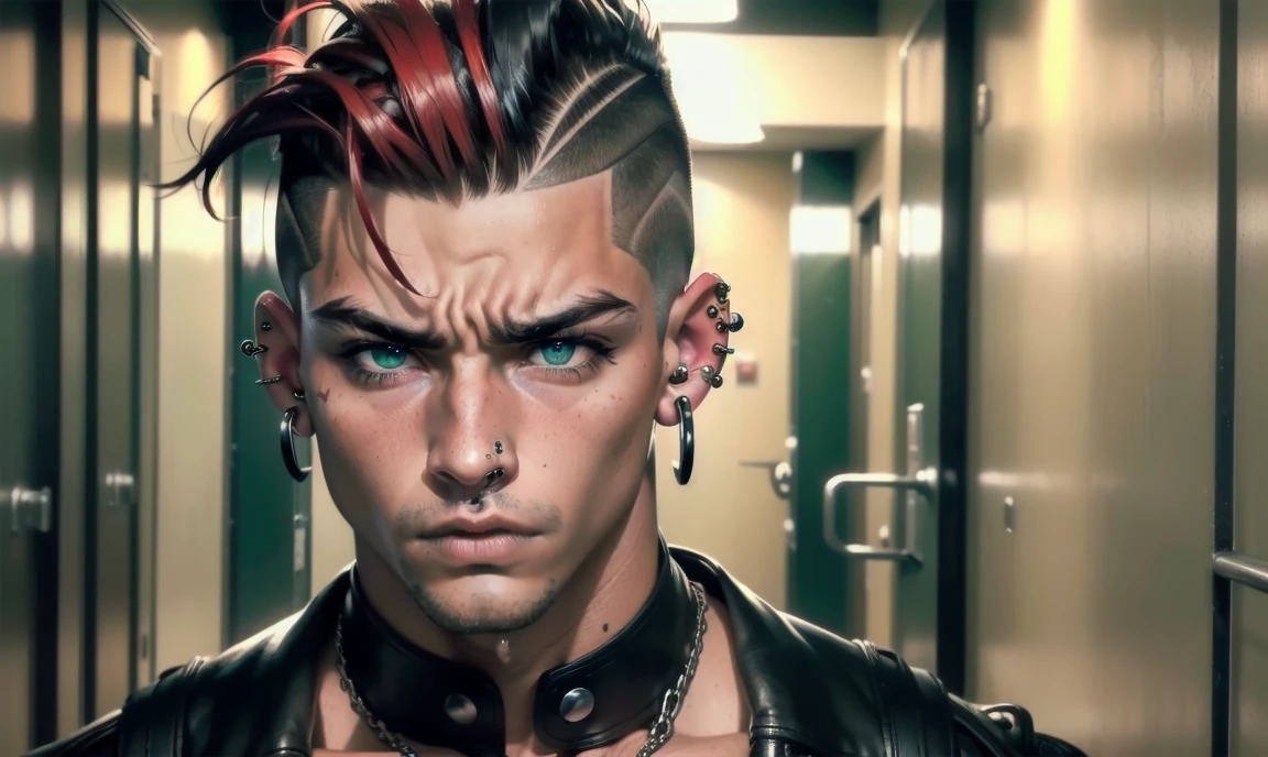 "((highly detailed, detailed eyes, detailed face, clear and realistic facial features, photorealistic, realistic light; cinematic)), (1 man), ((((school hallway background)))), (((gorgeous athletic punk tough bully male))), ((18-year-old teenage male)), ((((glaring expression)))), ((intimidating mood)), ((blue-green eyes)), ((long black hair with a undercut)), (((dressed in black and leather))), ((multiple metal ear piercings)), ((male black eye makeup)), ((red tint in hair))."
