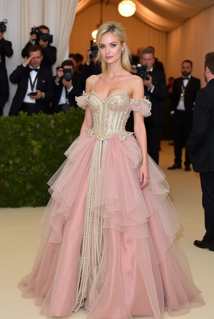 New York MET GALA event, dress core XIX century ancient, blonde model, paparazzi behind, complete dress, pastel colors, extravagant dress, pearls, many accessories. same dress for all photos, same dress three photos, same dress