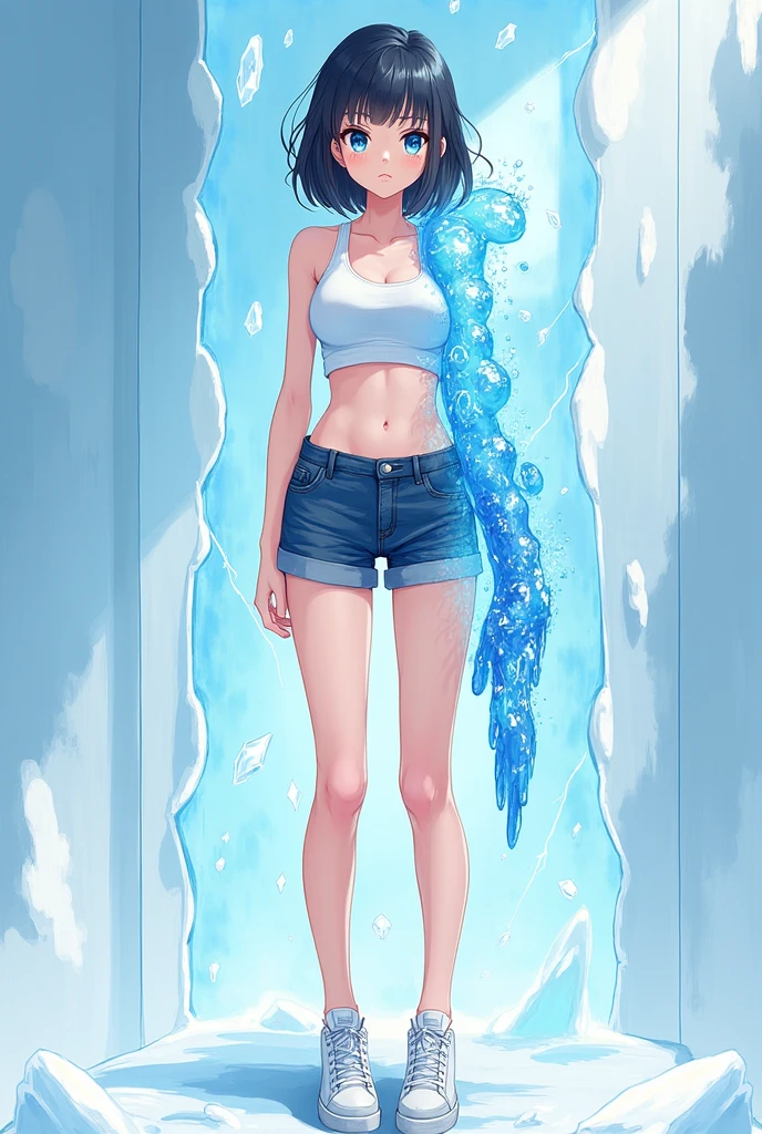 A 19 year old girl with one of her arms frozen with ice wearing crop top , shorts and shoes in anime style
