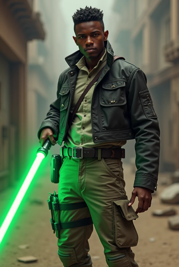 Star Wars, handsome, black american, light skinned male, ager, temp fade, star wars smuggler outfit, green lightsaber