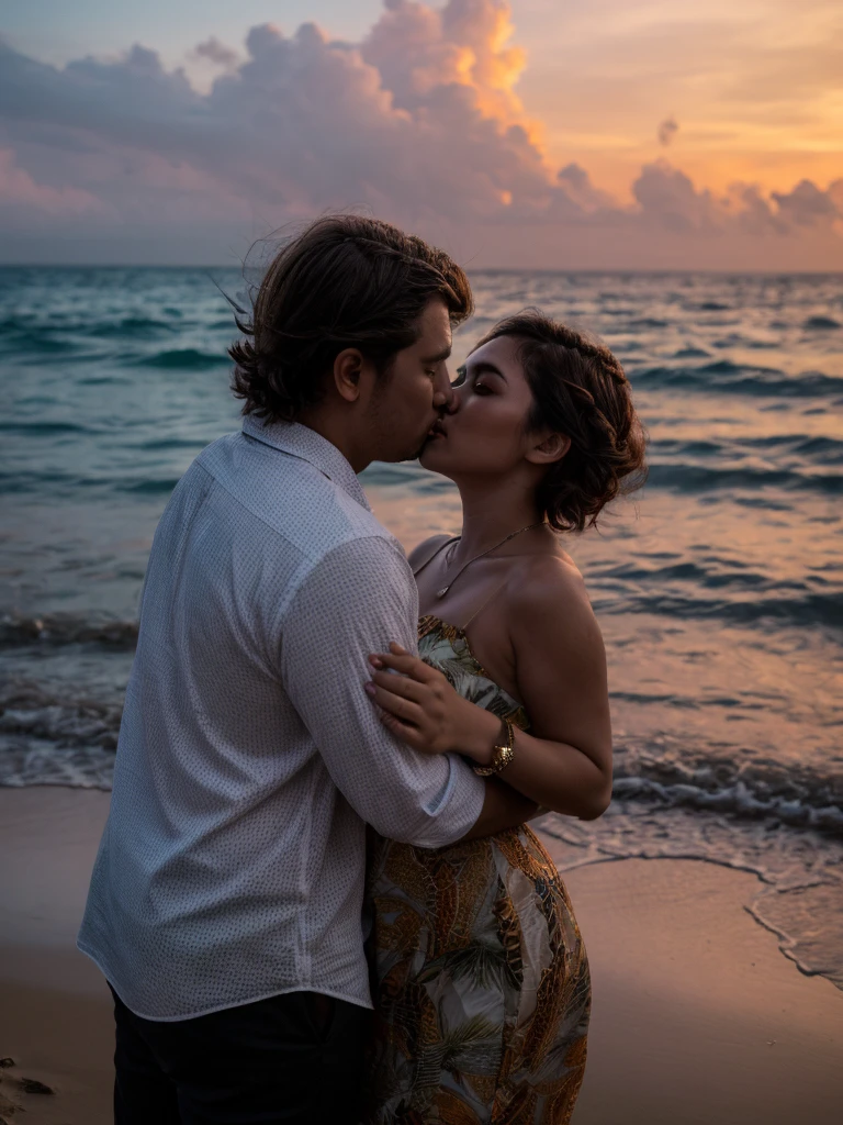 couple, 50s, at beach, sunset. They are hugging each other in a romantic atmosphere. Period Photography, analog, half body close up