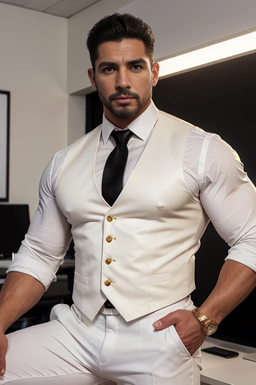 HD 4k wallpaper  handsome man alemán blanco rubio sajon muscular strong and muscular legs, physicist-culturist ,((( well-built))), big lump, in white pants, (((White shirt and black tie and cream  hecked vest with gold trim))), well-built, eyes alpha, close up, perfect hands with leather gloves, With a goatee  
captivating eyes, perfect face, hyper realistic ultra realistic great detail, in the office, eyes,  40 años de edad , sumamente fuerte y muscled 
