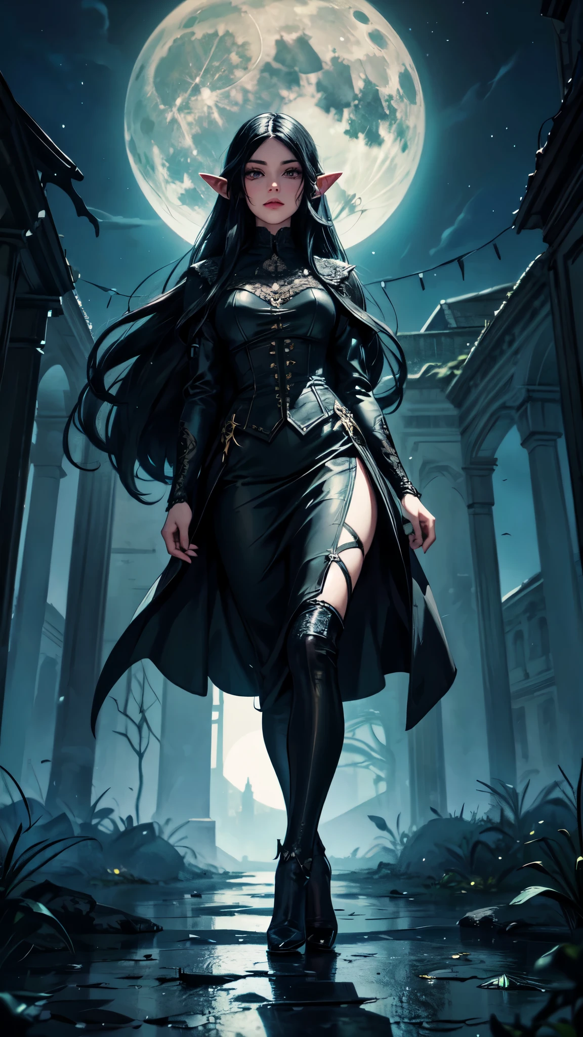1 girl, long black hair, beautiful detailed eyes, beautiful detailed lips, extremely detailed face, long eyelashes, walking in a castle garden, full moon night, gothic architecture, overgrown vines, moonlight, dramatic lighting, cinematic, highly detailed, intricate, photorealistic, 8k, best quality, masterpiece,detailed face, detailed face, detaile eyes, detailed hands, full body, elf woman