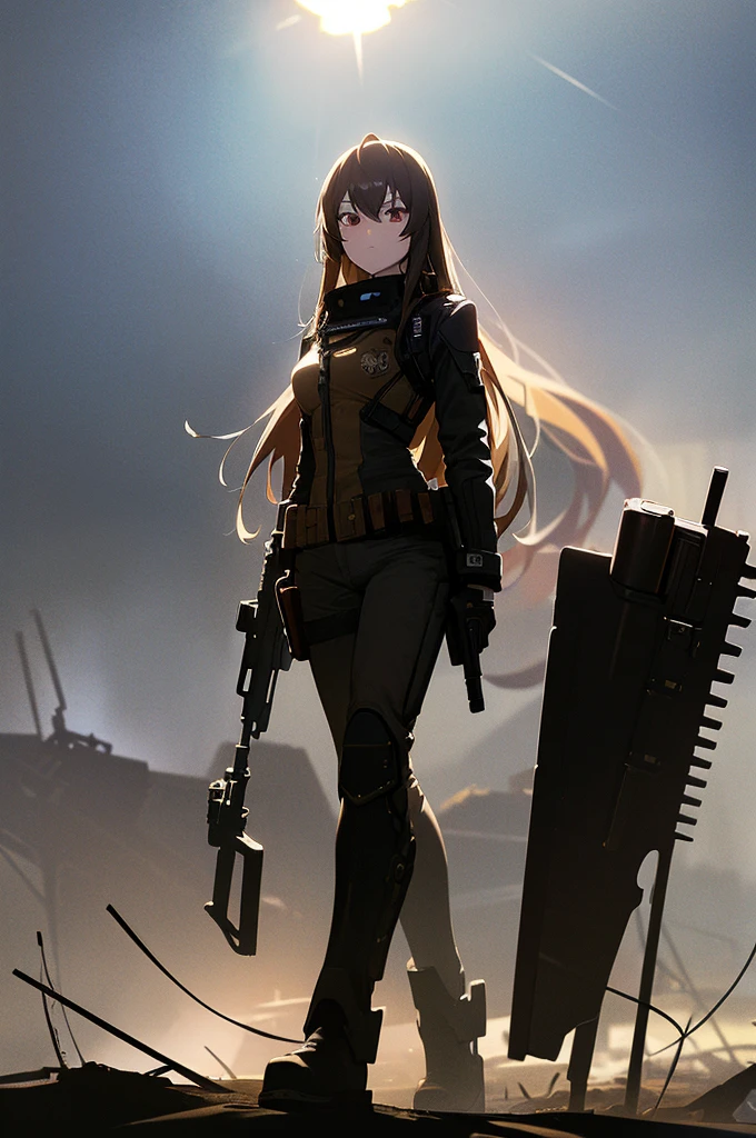 In the spotlight, holding_gun, assault_rifle, Very detailed, Brown Hair, Long Hair, Anime Style, whole body, alone, Stylish Gunfighter Girl, Holding a steampunk long barrel pistol,Standing in the wasteland, 8K high resolution, White Background, The background is a dark and desolate landscape, Horror movie atmosphere. Her figure is very beautiful, Emphasizing the dark and crazy elements. Skillfully expressing the effects of light and shadow, Anime girls with guns and rifles, from Girls&#39; Frontline, mechanized soldier girl, Girls&#39; Frontline style