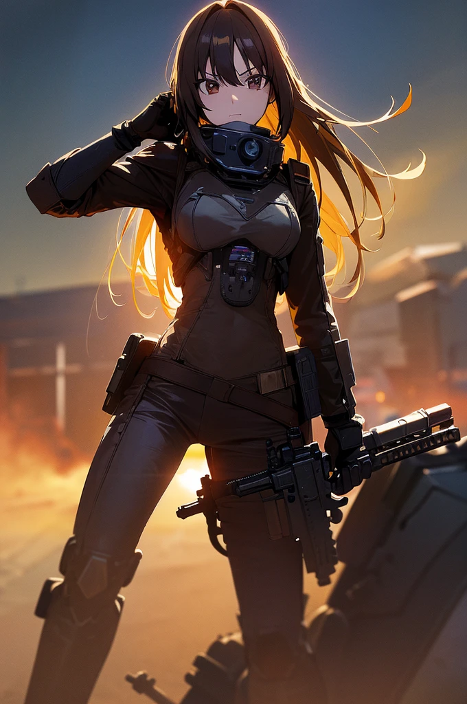 In the spotlight, holding_gun, assault_rifle, Very detailed, Brown Hair, Long Hair, Anime Style, whole body, alone, Stylish Gunfighter Girl, Holding a steampunk long barrel pistol,Standing in the wasteland, 8K high resolution, White Background, The background is a dark and desolate landscape, Horror movie atmosphere. Her figure is very beautiful, Emphasizing the dark and crazy elements. Skillfully expressing the effects of light and shadow, Anime girls with guns and rifles, from Girls&#39; Frontline, mechanized soldier girl, Girls&#39; Frontline style