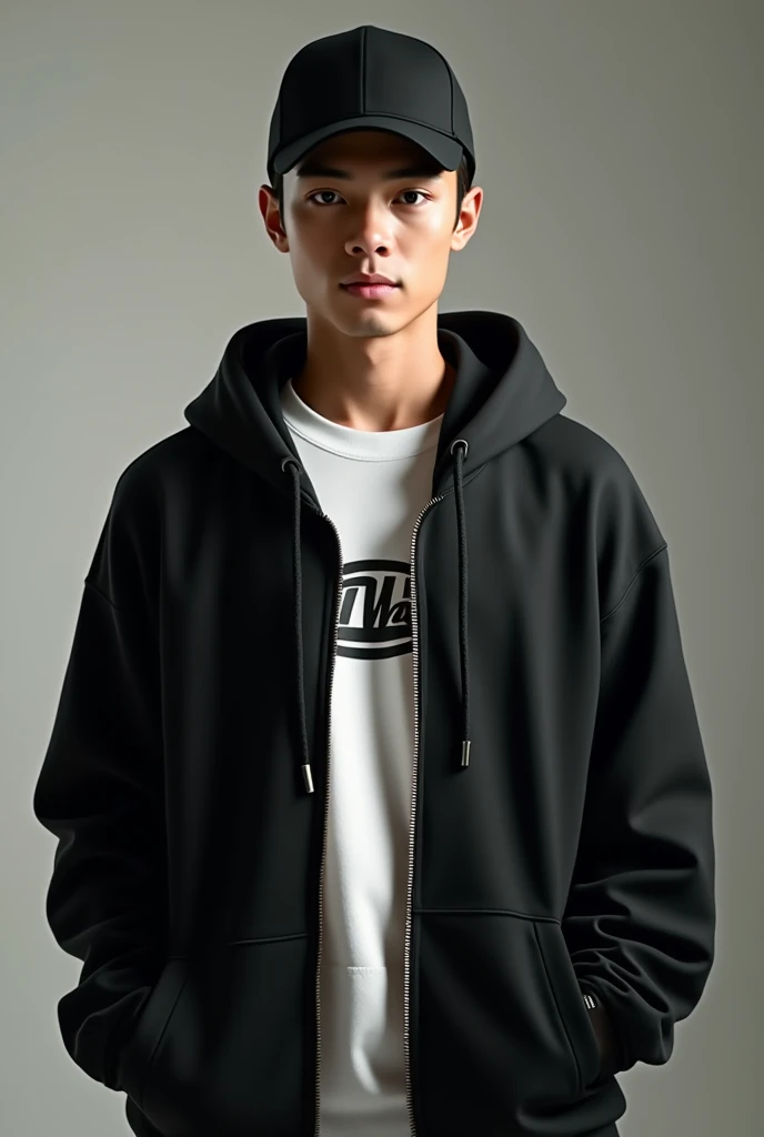 make a selfie of a handsome handsome filipino boy with an straight nose wearimg oversized black hoodie with a pro club white t-shirt inside the hoodie and a baseball close cap on his head and holding his cap backward. make it cool and aesthetic realistic