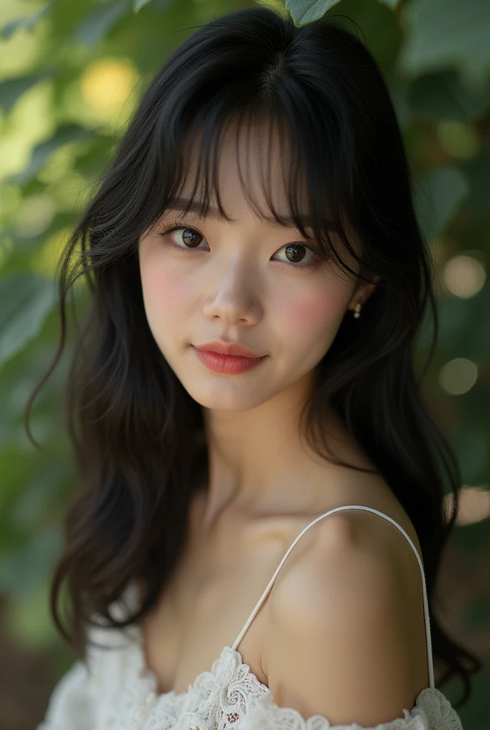  (Model shooting style), (shy), 1 girl, Lonely, Shiny black hair、 Extremely rich facial detail, Beautiful Eyes, [Chubby], cute, Slightly red cheeks，bright, Lonely Eyes, Stunning beauty, (Rembrandt Lighting), ARRI Lenses, Surreal, (Skin with attention to detail:1.2),4K,ARRI ALEXA LF,White Promist, Dramatic Rim Light, high quality,Very delicate and beautiful, wonderful, In detail, masterpiece, Very detailed, High resolution,Best Shot, Best Shadow,Complex,Sharp focus, high quality, 1 Japan woman, alone.cute,Fuka Koshiba,Yuki Sakurai, botanical garden, Woman looking at flowers, Flowers are blooming everywhere, Lens flare,No sleeve,Beautiful breasts,Swallowtail butterfly,A butterfly flutters,Cool eyes,Glossy Lips,smile,Glowing Skin,Transparent skin,From above,Open your arms