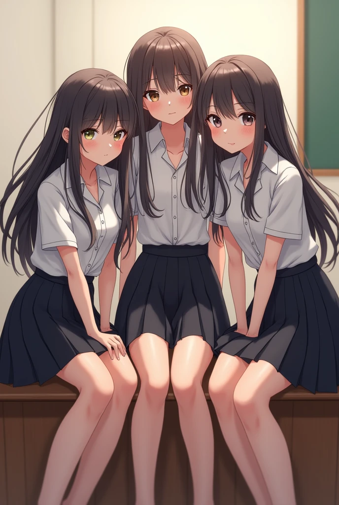 Group of school girls in white shirts and black skirts with long hair sitting on my desk looking at me
