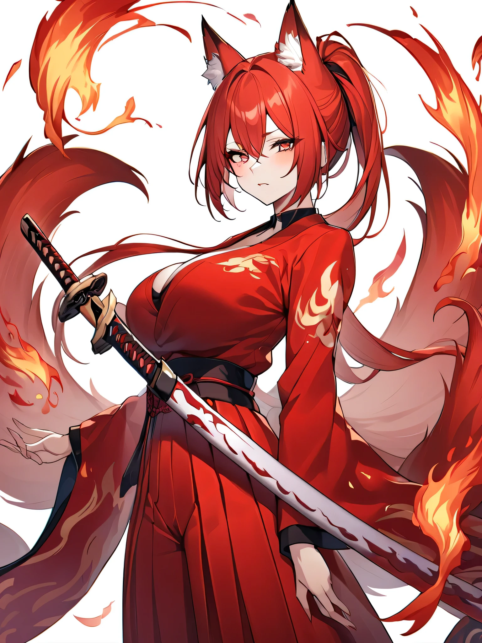  8K Best quality Best work Red long ponytail Red fox ears Nine fox tails Very large breasts Flaming Japanese sword Red jacket Long hakama Red eyeshadow on lower eyelids Red burning background Japanese style Samurai Flame hell Five fingers