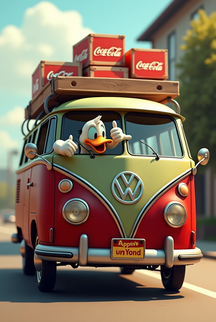 Driver Donald Duck leans out of the driver's side window of a maroon-and-green-striped Volkswagen van and gives a thumbs-up like.. The minibus is carrying many boxes of Coca-Cola. We see the minibus in its entirety