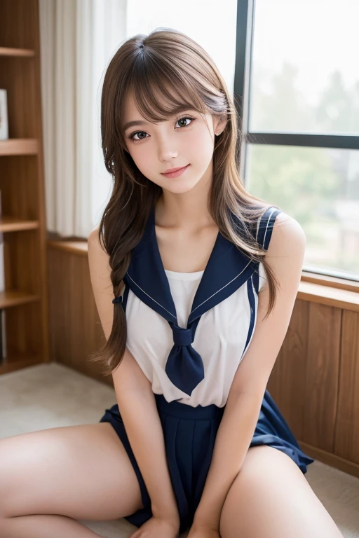 (超High resolution, masterpiece, Anatomically correct, Textured skin, Super Detail, Highest quality, High resolution, 8k, bloom, Front light), (Cute and sexy 18 year old schoolgirl, Sexy Face, Distant eyes, Gentle eyelids, Thin eyebrows, Gentle corner of the eye, Beautiful aquiline nose:1.4, It will totally charm you, Eyes that feel erotic, A taste of beautiful eroticism, Too cute beauty), (Brown Hair, Long Hair, Horizontal French Twist Hair:1.4, bangs), (Gal Makeup, eyeliner, Lip gloss), (Mid-chest, Slim proportions), (Looking into the camera, Photographed from the front:1.3, close), (Sleeveless sailor suit), (School, School room, Near large windows,Random Sexy Poses,whole body,sit,Spread your legs), smile