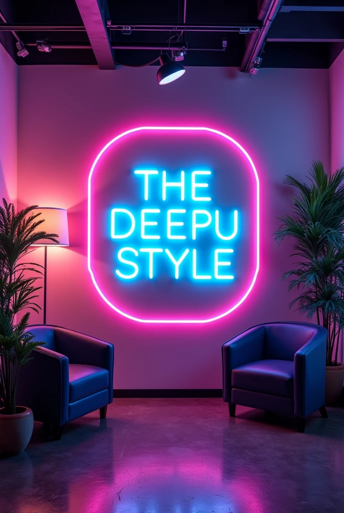 Create a YouTube studio background with a modern and sleek design. In the center of the background, display the name 'THE DEEPU STYLE' in bright neon lights with correct spelling. The neon lights should be in a vibrant color, such as electric blue or neon pink. Surround the neon text with subtle, complementary lighting and decor that enhances the studio aesthetic. The overall ambiance should be stylish, professional, and inviting, perfect for a YouTube content creator's studio.