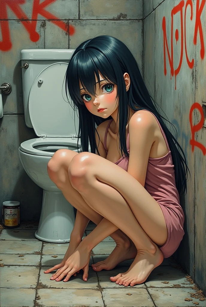 1girl, caughtpeeing candid , bathroom, on a toilet, kumashiro maya, white headband, black hair, blue eyes,