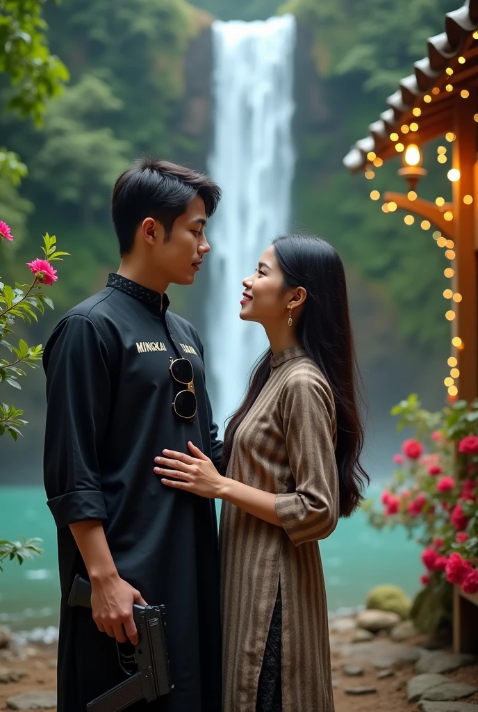 pemuda handsome dan perempuan indonesia berusia 18 tahun berada di depan sebuah rumah di air terjun gunung. The boy was wearing a black kurta and took a gun and sunglasses and it was written "MINGKAK" in that kurta. The girl was wearing a short kurti. They both look so sweet, smile, handsome, behave and look at each other. Background decorated with lights and flowers and some plants Happy atmosphere full green background thundering ultra 8k quality image