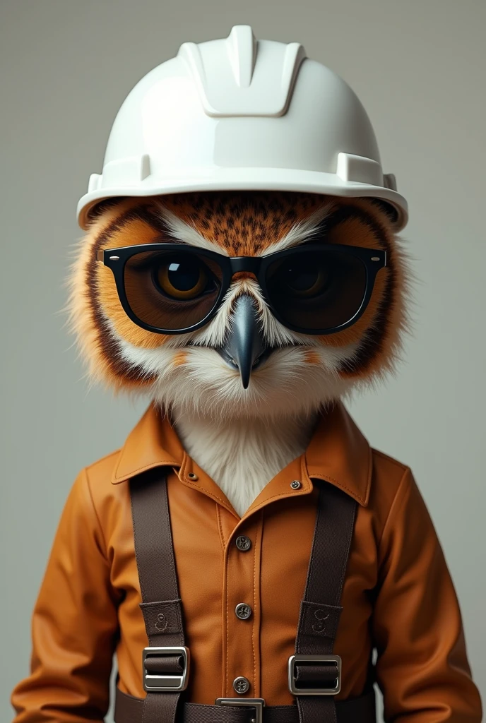 Brown Shirt Owl, sunglasses, white work helmet