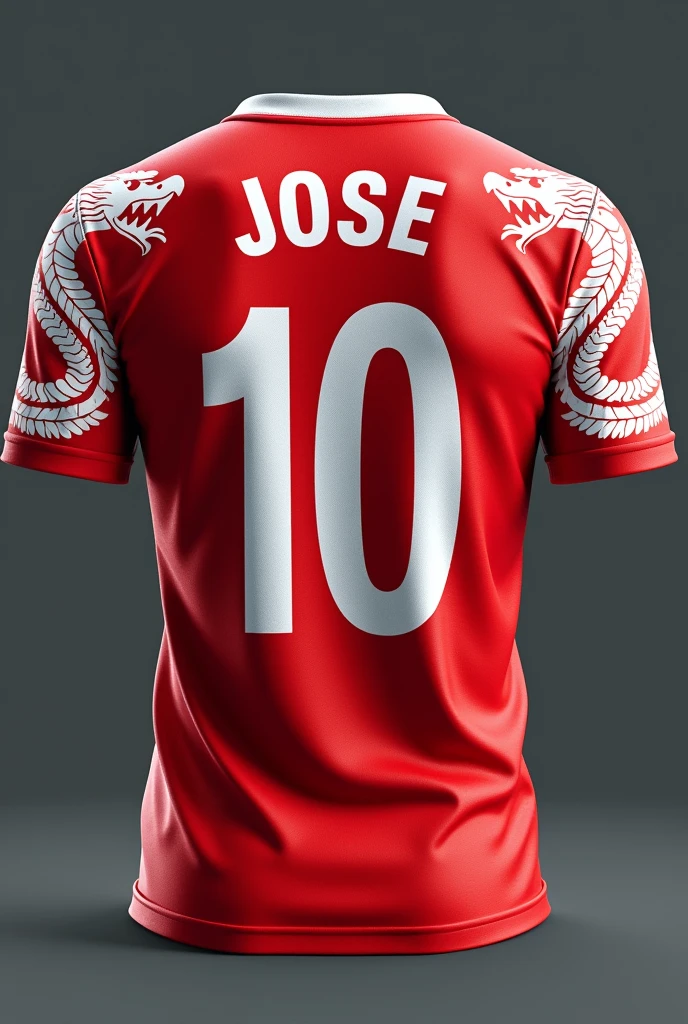 A red shirt with white details on the sleeve with the number 10 ON THE BACK WITH FEW WHITE DRAGONS AROUND THE NUMBER and the name JOSE a little big above the number 10.