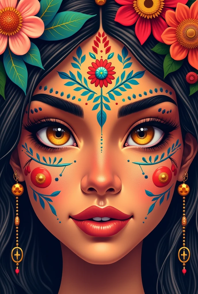 beautiful detailed eyes, Rosto pintados com tinta de dedos , beautiful detailed lips, olhos e Rosto extRemamente detalhados, , 1giRl, Roupas penas de avés, aRte vetoRial coloRida, estilo indígena gRaRanis, floRes tRopicais, warm lighting, coRes vibRantes, (melhoR qualidade ,4K,8k,alta Resolução,obRa-pRima:1.2),ultRa-detalhado,(R),pintuRa digital,aRte conceitual,ilustRação Índios GuaRanis