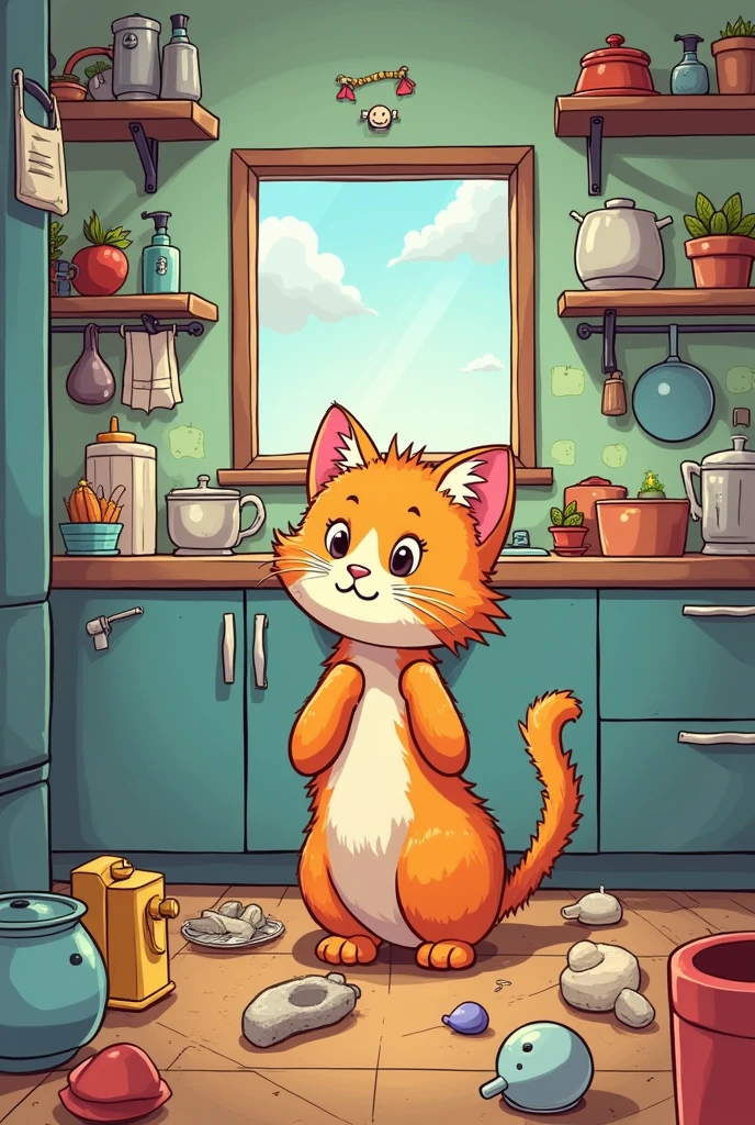 CARTOON where a kitten is hidden among many kitchen objects that cannot be seen