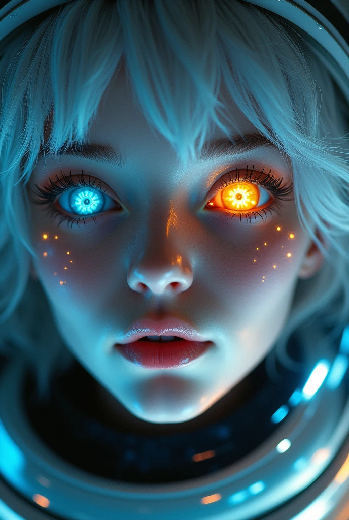 (Close-up of a better masterpiece:1.5)0.9], (Space and astronauts:1.2) (Messy silver hair:1.1) (Heterochromia xanthochromia and blue eyes:1.2) (Space Helmet:1.0) (Colored stars in the eyes:1.0) (A radiant glow:1.1) (thick lips:0.9)pelada 
