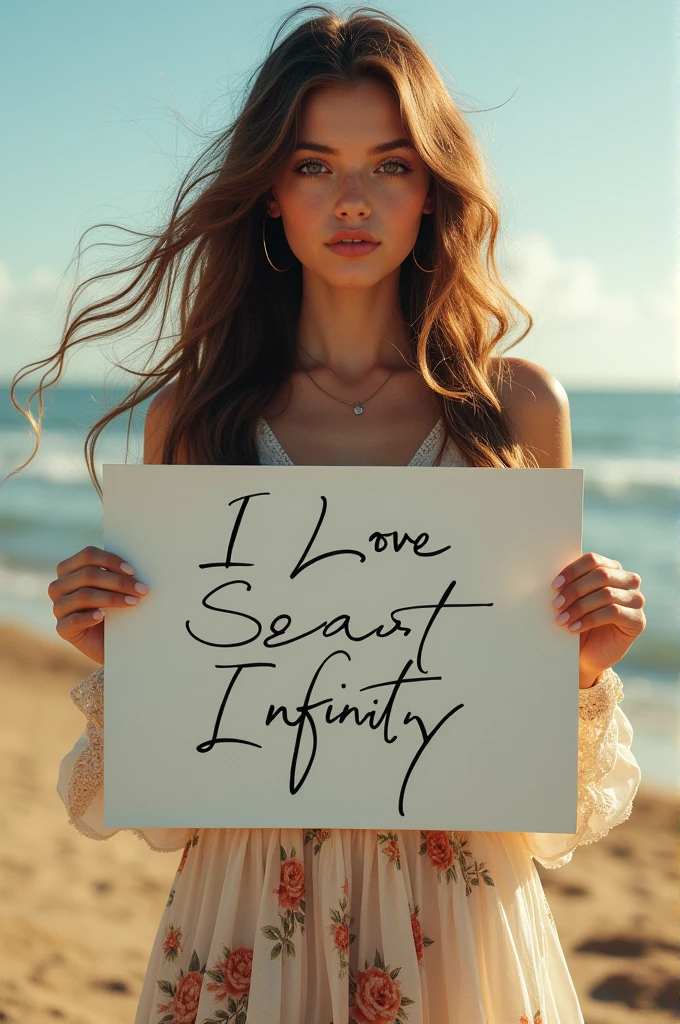 Beautiful girl with wavy long hair, bohemian dress, holding a white board with text "I Love Seaart Infinity" and showing it to the viewer