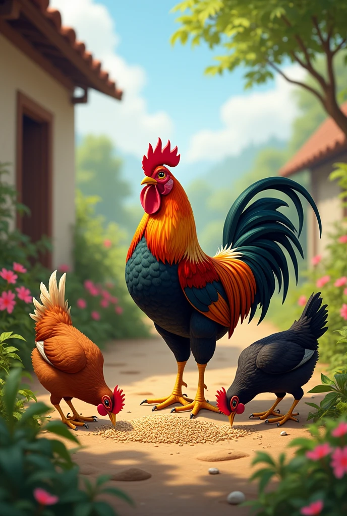A red rooster, a brown hen and a black hen feeding foods in gardern at village