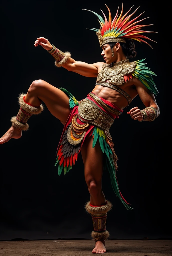 Pebrü Ancient Costa Rican warrior with Hwarang armor with the colors of the macaws without weapons is with a black background this one is doing a kick and less stocky, Now with the colors of the macaws and doing a higher side kick, the kick is now more masculine and aggressive without a helmet.