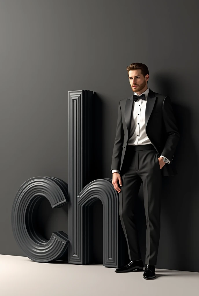 Elegant 3D Typography with the name. The word
" butch" sitting a man wearing a toxido 