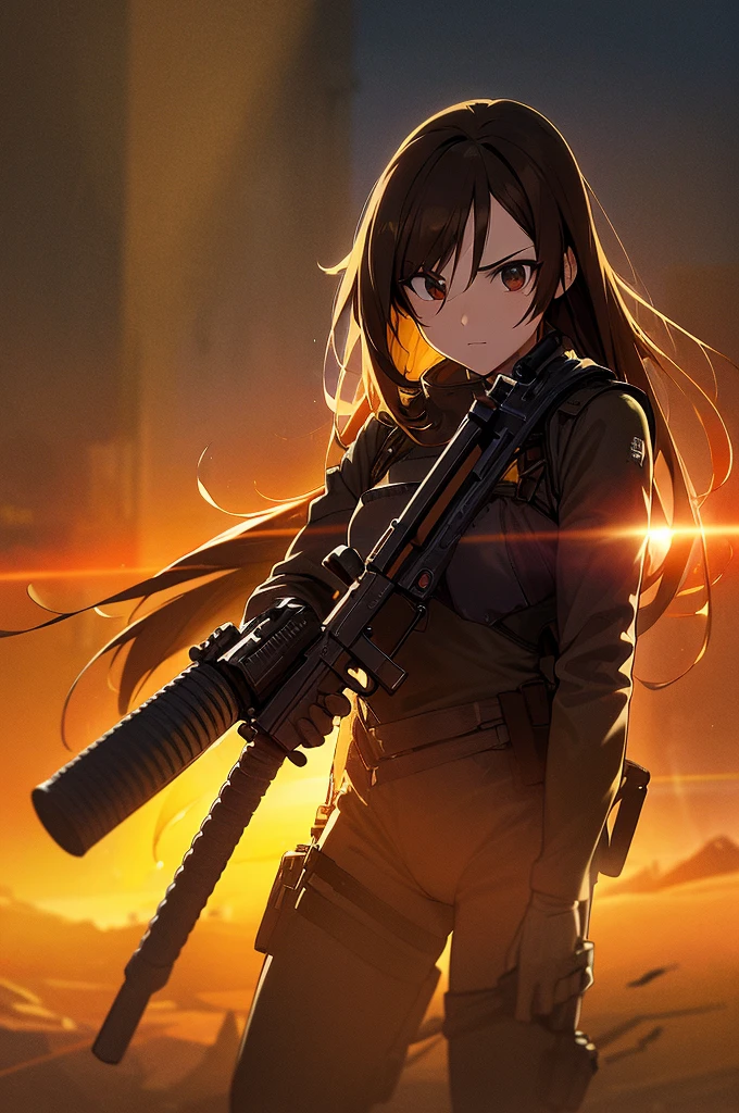 In the spotlight, holding_gun, assault_rifle, Very detailed, Brown Hair, Long Hair, Anime Style, whole body, alone, Stylish Gunfighter Girl, Holding a steampunk long barrel pistol,Standing in the wasteland, 8K high resolution, White Background, The background is a dark and desolate landscape, Horror movie atmosphere. Her figure is very beautiful, Emphasizing the dark and crazy elements. Skillfully expressing the effects of light and shadow, Anime girls with guns and rifles, from Girls' Frontline, mechanized soldier girl, Girls' Frontline style