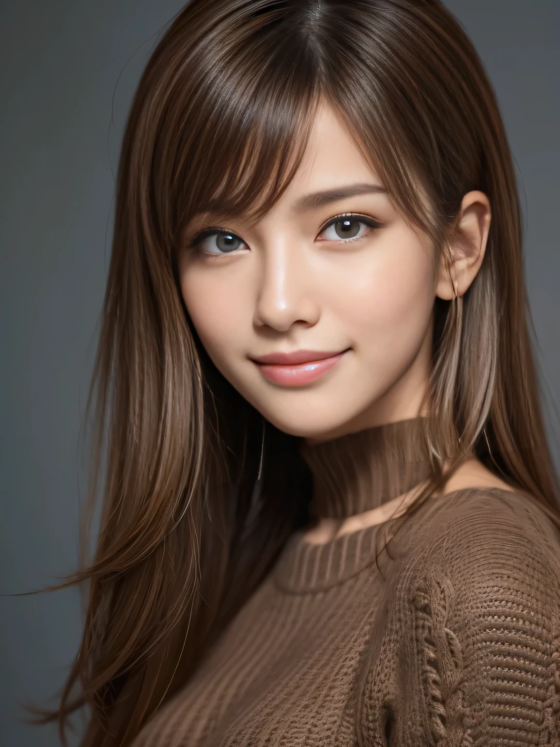 A woman with long brown hair and a brown sweater - SeaArt AI