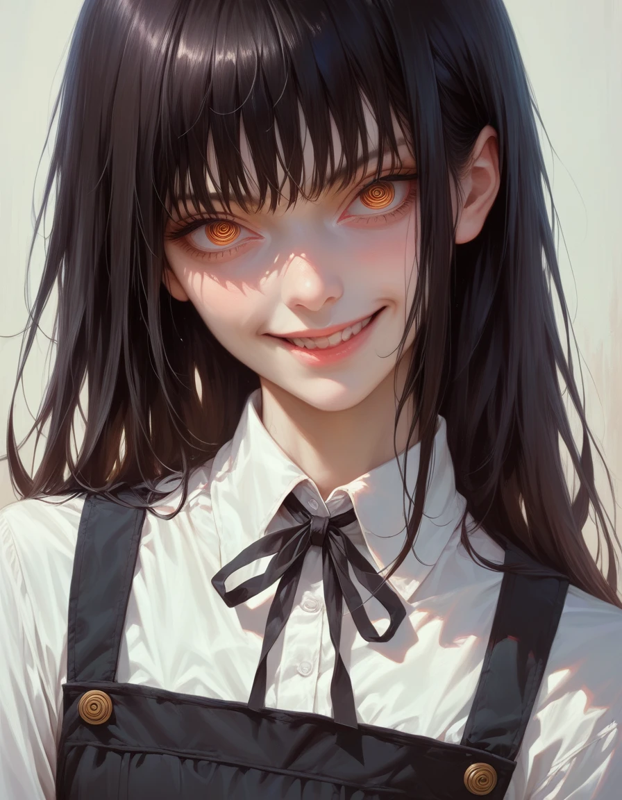 (smile), ((masterpiece, best quality)), (1girl), (solo), (female focus), yoru (chainsaw man),(very detailed face, real image, realistic white skin, realistic body, intricate details), upper body, focus on face, black hair tied, long hair, intimidating look, black pinafore dress, shirt, neck ribbon, small breasts