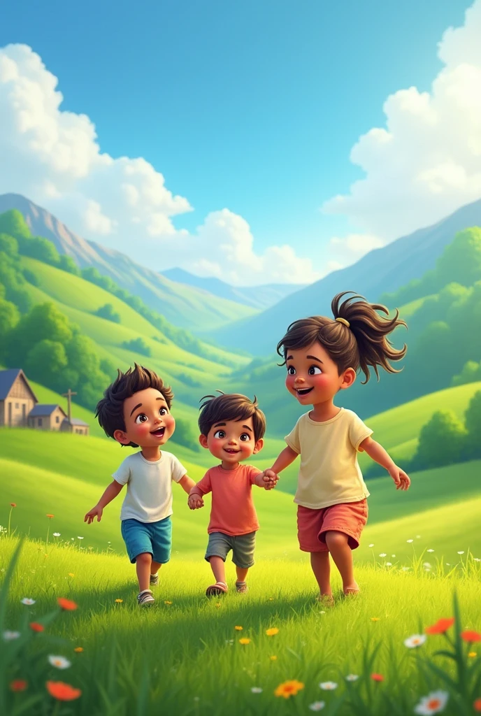 3 Kids playing in a green valley, everyone smiling, Jesus by their sides