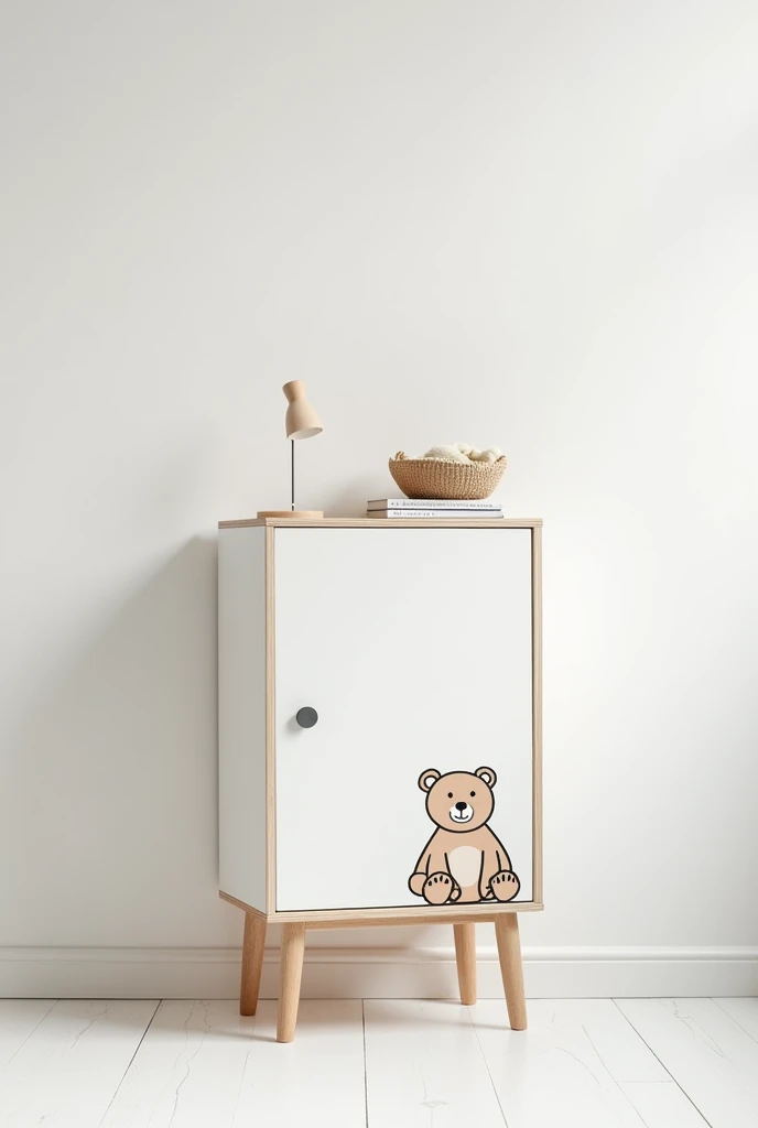 Generated 1 furniture including these massages 

Scandinavian style tag
Suitable for younger ???
Children's storage cabinet
Background of picture is white
The part Sid of cabinet is cover by drawing of cute bare