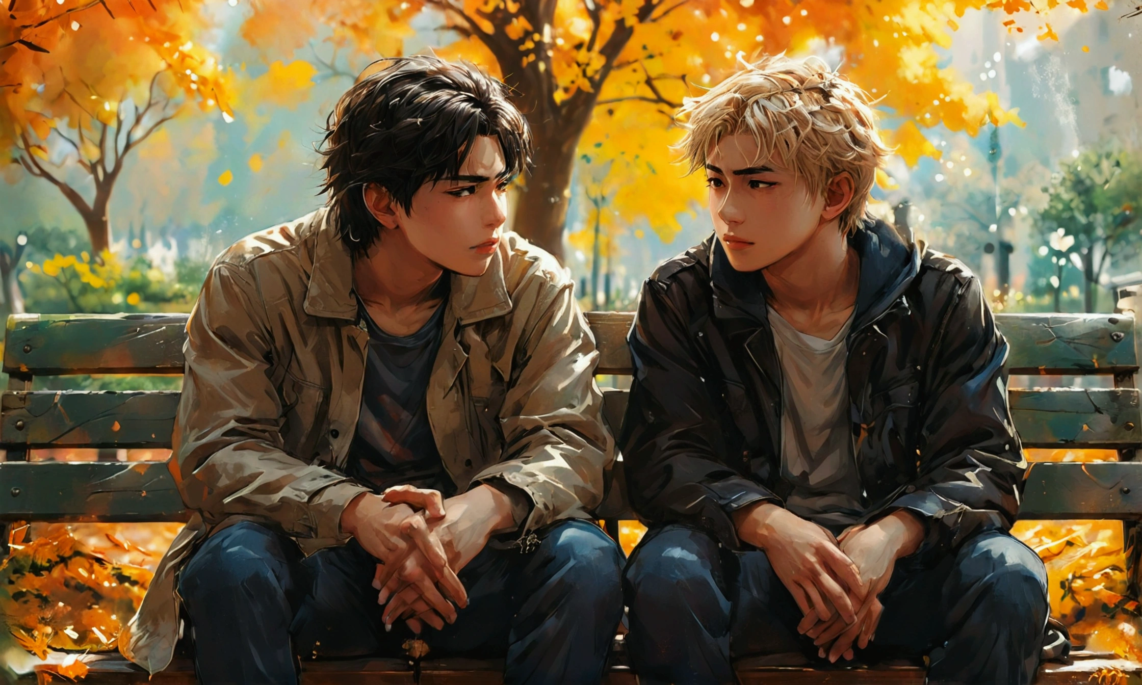 TWO YOUNG MEN TALKING SITTING ON A PARK BENCH,manga style art,manga style art,manga style art,manga style art