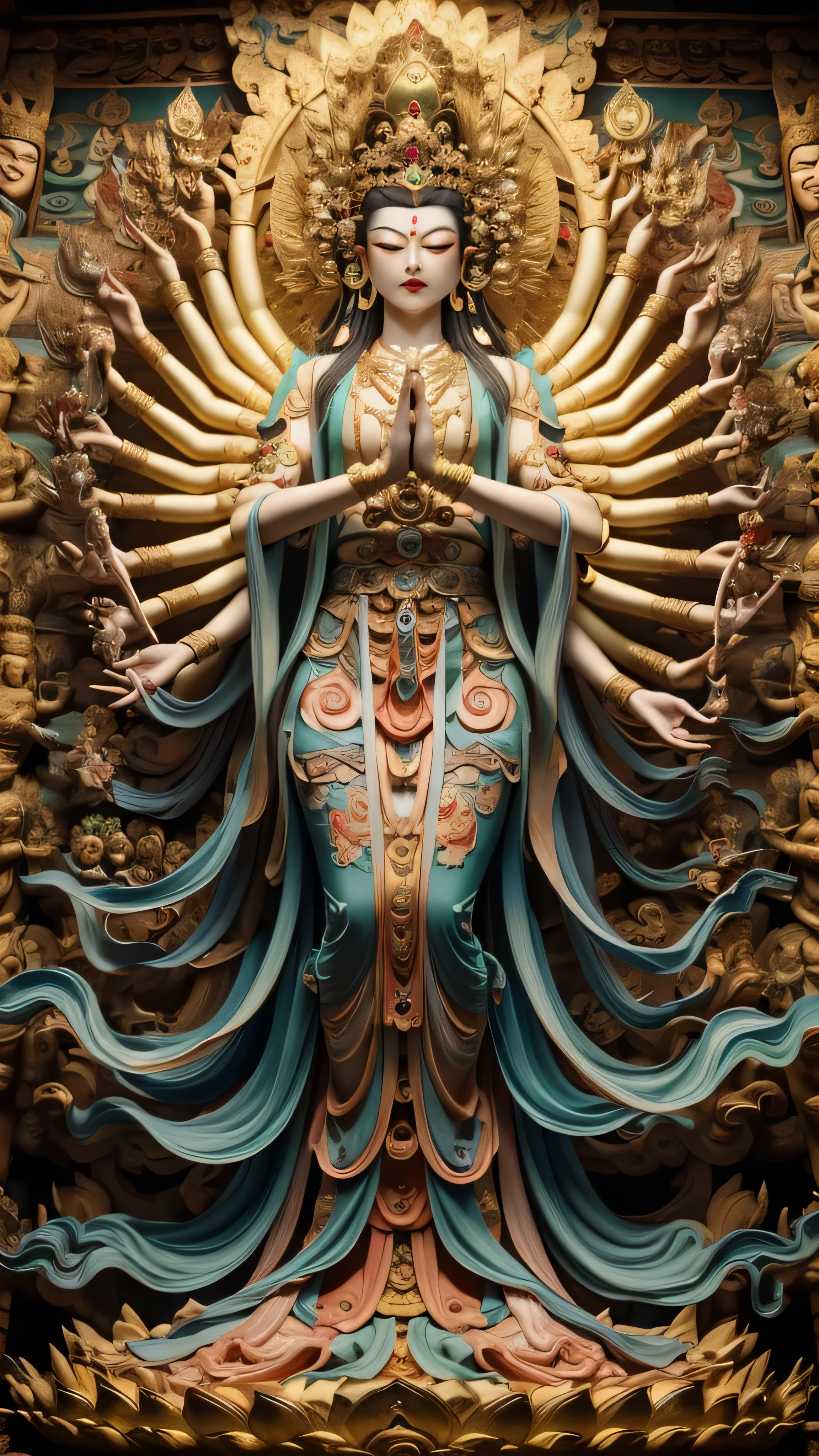 masterpiece,Best quality at best,UHD,8k wallpaper,actual,masterious,(realisticlying:1.4),1 Giant Girl,full bodyesbian, a golden statue of Thousand Hands goddess, Guan yin  style , Multiple hands holding some holly chinese weapons, she is in an ancient style temple , fantastic dunhuang outfits, olot of jewelry detail, holly lighting ,, beautiful face with compassion 