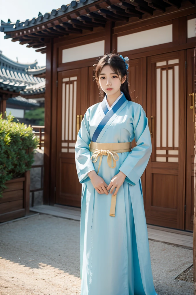 Korean Woman in Hanbok Standing in front of Hanok