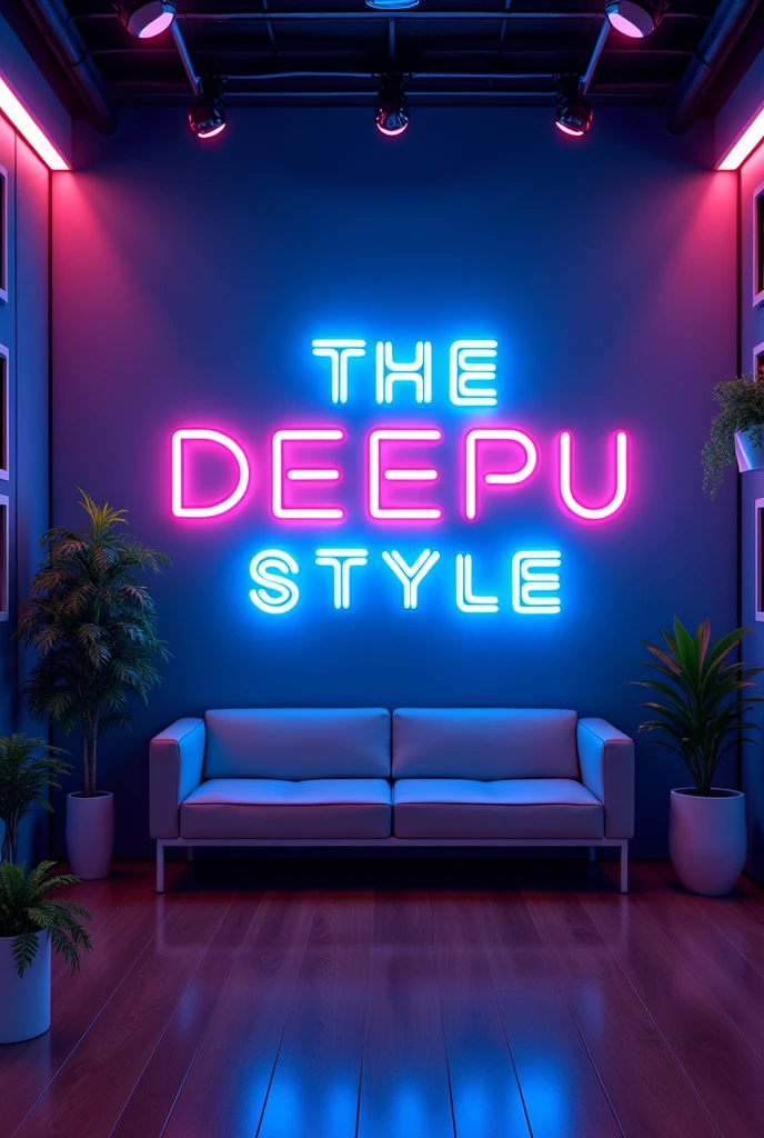 Create a YouTube studio background with a modern and sleek design. In the center of the background, display the name 'THE.DEEPU.STYLE' in bright neon lights with correct spelling. The neon lights should be in a vibrant color, such as electric blue or neon pink. Surround the neon text with subtle, complementary lighting and decor that enhances the studio aesthetic. The overall ambiance should be stylish, professional, and inviting, perfect for a YouTube content creator's studio.
