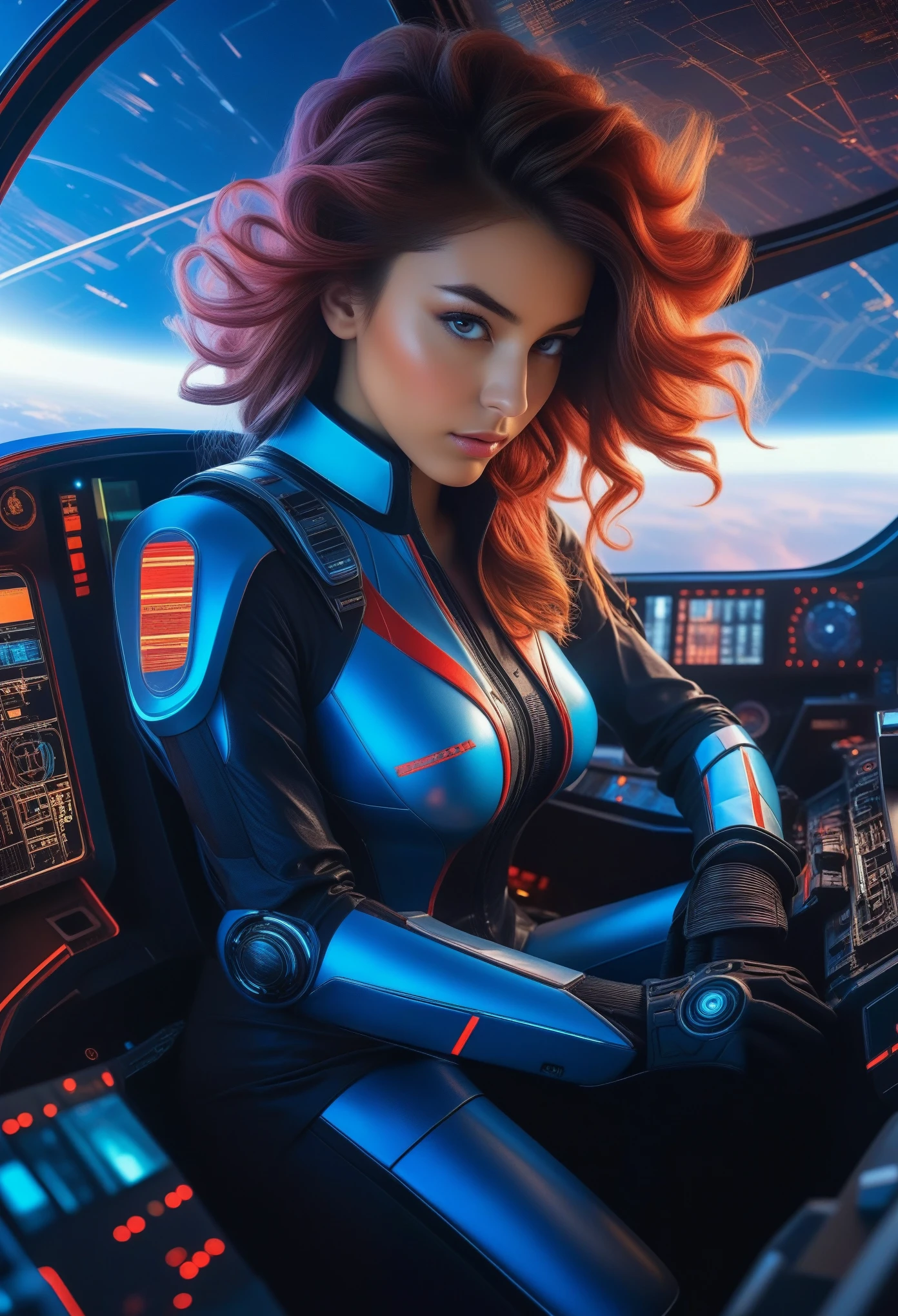 a beautiful 18-year-old girl, graceful expression, sitting in the cockpit of a spaceship, mechanical engineering background, holographic map black and blue and white and red color scheme, highly detailed, masterpiece, photorealistic,8k,hyper detailed, cinematic lighting, dramatic lighting, dramatic pose, dramatic atmosphere, intricate details, sharp focus, vibrant colors, volumetric lighting, cinematic composition, dramatic sci-fi atmosphere, vibrant colors, digital art, highly detailed, photorealistic, award winning concept art, Yaiba, toned thighs, futuristic erotic and sexy suit, big breasts 