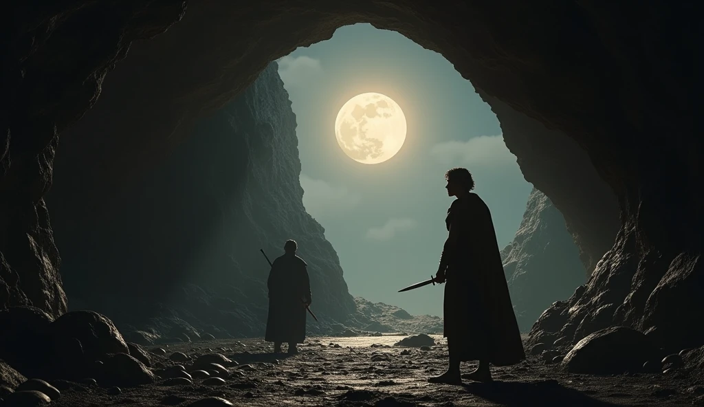 
Create a realistic, cinematic scene that captures a pivotal moment in the story of David and Saul. The scene takes place inside a dark, damp cave, where the soft light of the moon enters through an opening, illuminating the figures of David and Saul. 

Davi, a young warrior with an intense and determined expression, is in a strategic position, with his hand on his dagger, hesitating with a look of inner conflict. He watches Saul, who has his back to him, when he enters the cave to relieve himself. 

The atmosphere is tense, with shadows projected on the cave walls, creating a contrast between darkness and light. The scene should convey David&#39;s moral struggle, who is in conflict between the opportunity to end the persecutor who threatens him and respect for the divine choice that falls on Saul. 

Capturing the emotion and gravity of the moment is crucial: David&#39;s gaze must reflect integrity and compassion, while Saul&#39;s expression is meant to convey vulnerability. The scenario should be rich in detail, including the surrounding natural elements and the atmosphere of reverence that permeates the scene