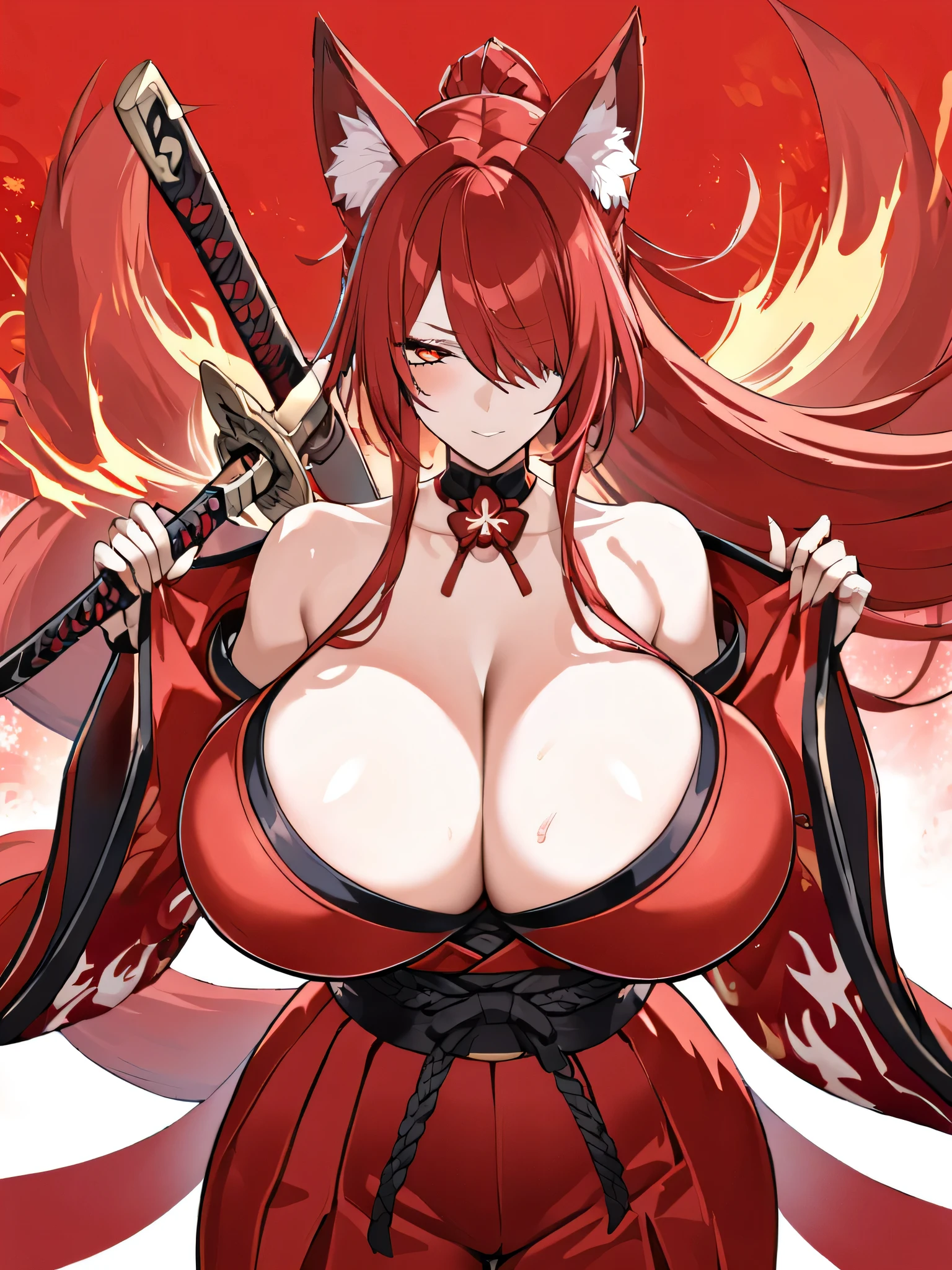  8K Best quality Best work Red long ponytail Red fox ears Nine fox tails Very large breasts Flaming Japanese sword Red jacket Long hakama Red eyeshadow on lower eyelids Red burning background Japanese style Samurai Flame hell Five fingers