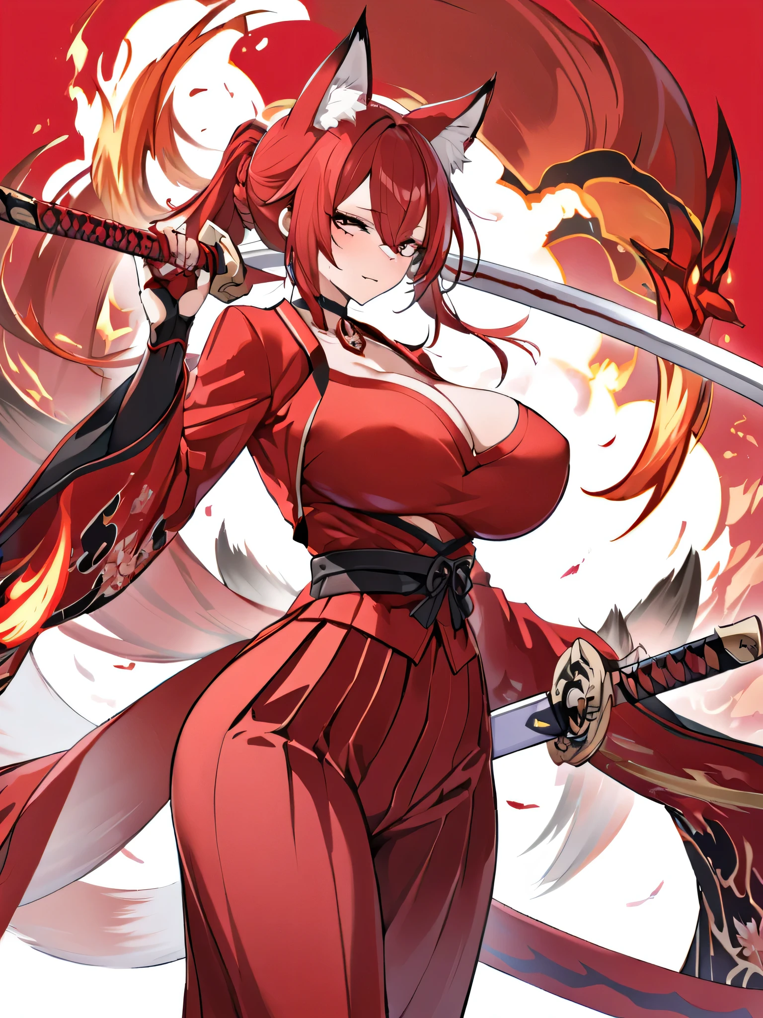 8K Best quality Best work Red long ponytail Red fox ears Nine fox tails Very large breasts Flaming Japanese sword Red jacket Long hakama Red eyeshadow on lower eyelids Red burning background Japanese style Samurai Flame hell Five fingers